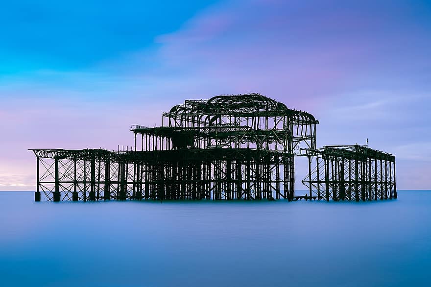 Pier, Brighton, Sea, Sky, Clouds, Dusk, blue, construction industry, construction site, sunset, architecture