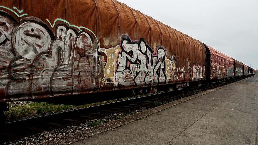 frakt, vogn, tog, jernbane, graffiti, rust, sti, jernbanespor, transport, gammel, industri