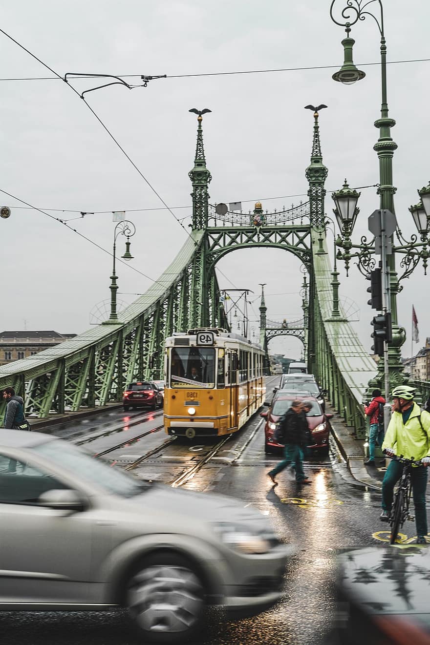 جسر ، قطار ، العبارة ، بناء ، الحضاري ، بودابست ، مدينة ، هنغاريا ، هندسة معمارية ، ليل ، السفر