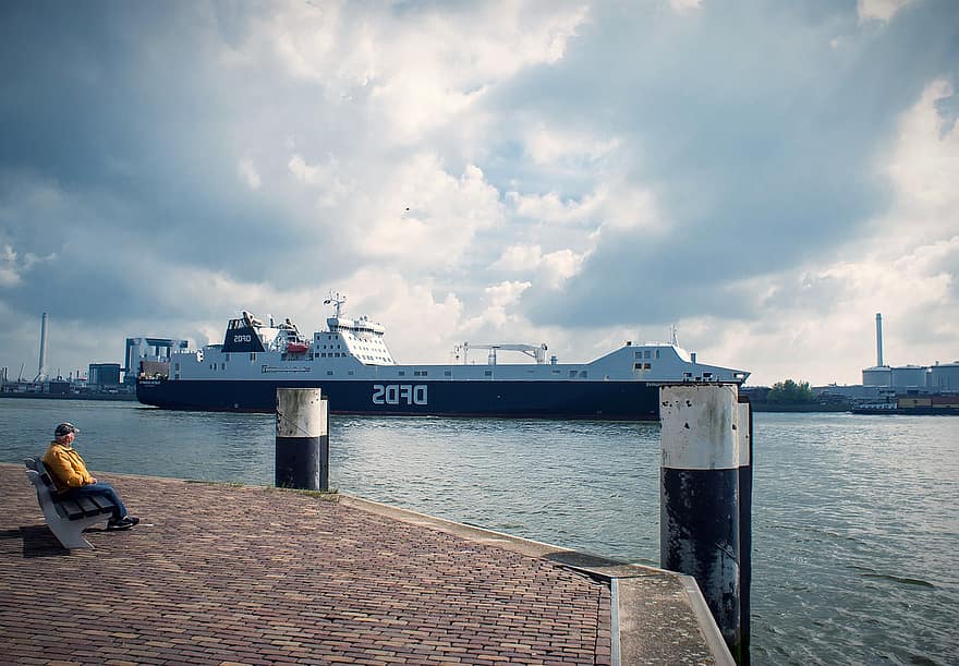 Port, nadbrzeże, mężczyzna, łodzie, statek, łódź, Vlaardingen, nowa siatka, chmury, powietrze, dramatycznie