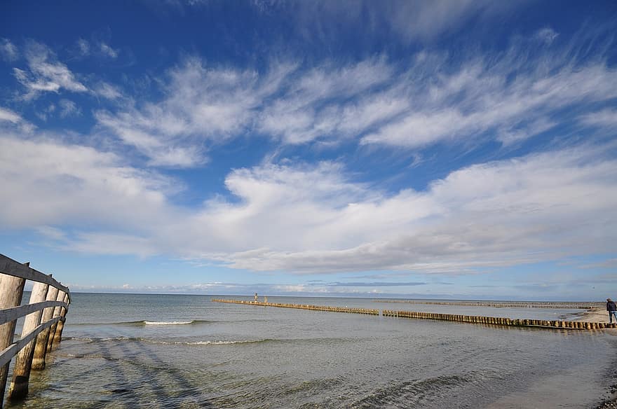 nubes, mar, playa, Groynes, horizonte, cielo, marina, apuntalar, costa, línea costera, mar Báltico