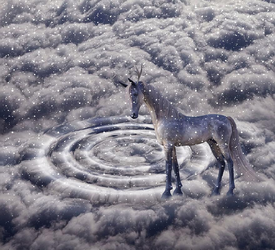 фантастика, облака, единорог, лошадь, снег, сказка, волшебный, мистический, сюрреалистичный, небо