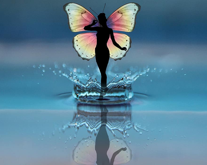 vann, miste, sommerfugl, kvinner, silhouette, dryppe, bevegelse, renhet, fersk, bølge, væske
