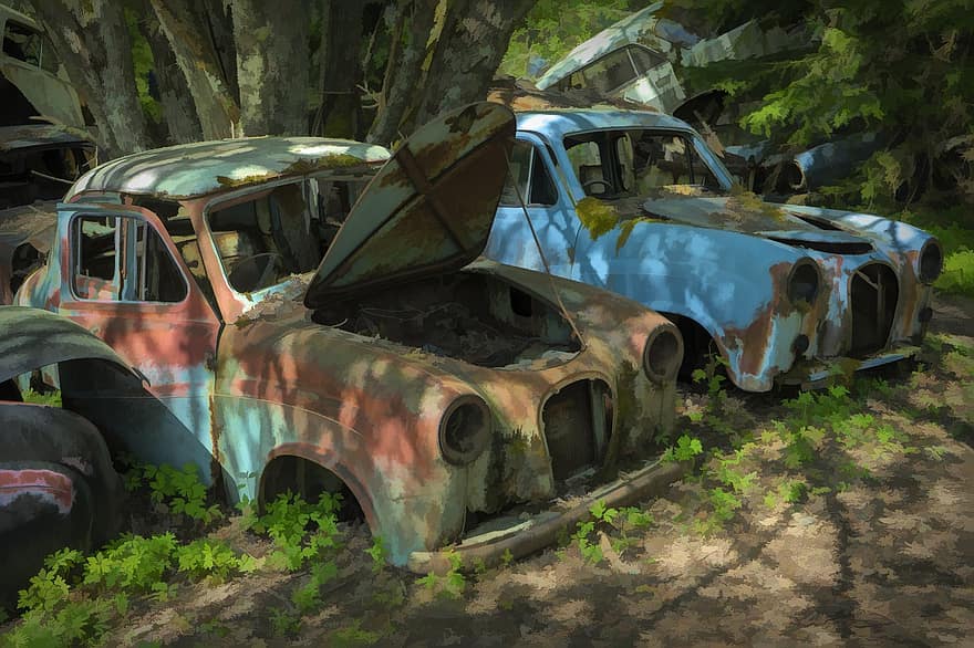 gamla bilar, rostiga bilar, spök bil rally, nostalgi, fordon, bil, gammaldags, förstöra, korroderade, metall