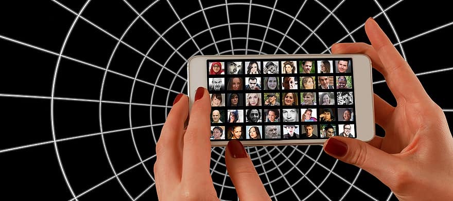 smarttelefon, hånd, fotomontasje, ansikter, fotoalbum, verden, befolkning, media, system, web, nyheter