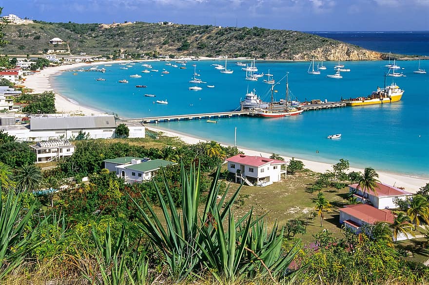 baie, plage, jetée, bateau, Anguilla, Voyage, exploration, été, navire nautique, les vacances, littoral