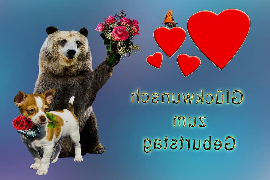 kartu ulang tahun, ulang tahun, salam, kartu ucapan, Selamat, ucapan digital, jantung, cinta, anjing, beruang, mawar