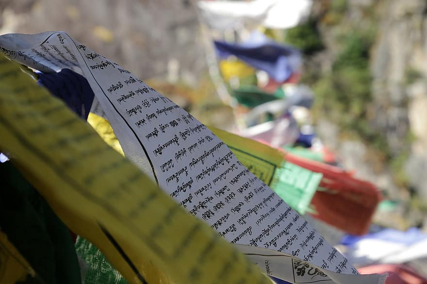 banderas de oración, página, texto, monasterio, vistoso, budismo, Bután