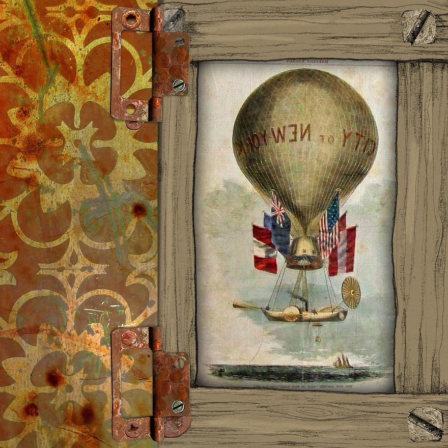 steampunk, baggrund, varmluftballon, transportere, ramme, scrapbog, gammel, grunge, design, årgang, gear