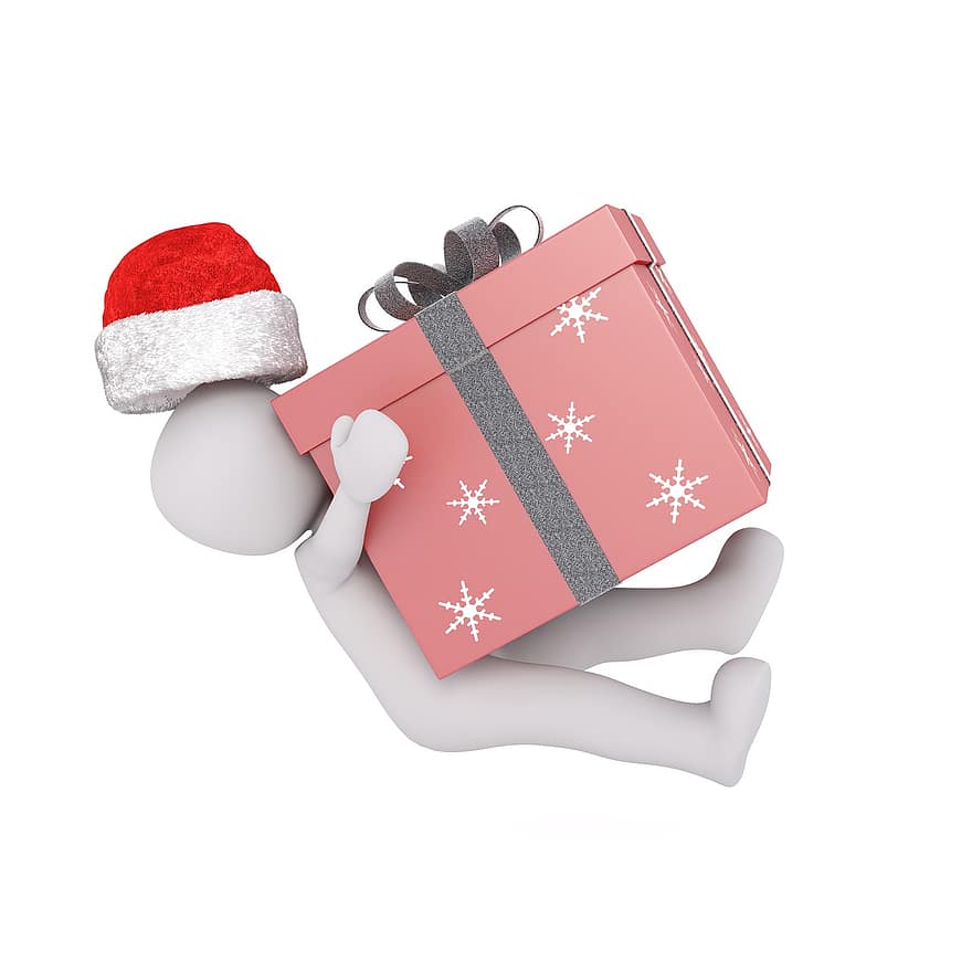 jul, vit manlig, hela kroppen, santa hatt, 3d modell, figur, isolerat, gåva, presentlåda, presentförpackningar, kärlek