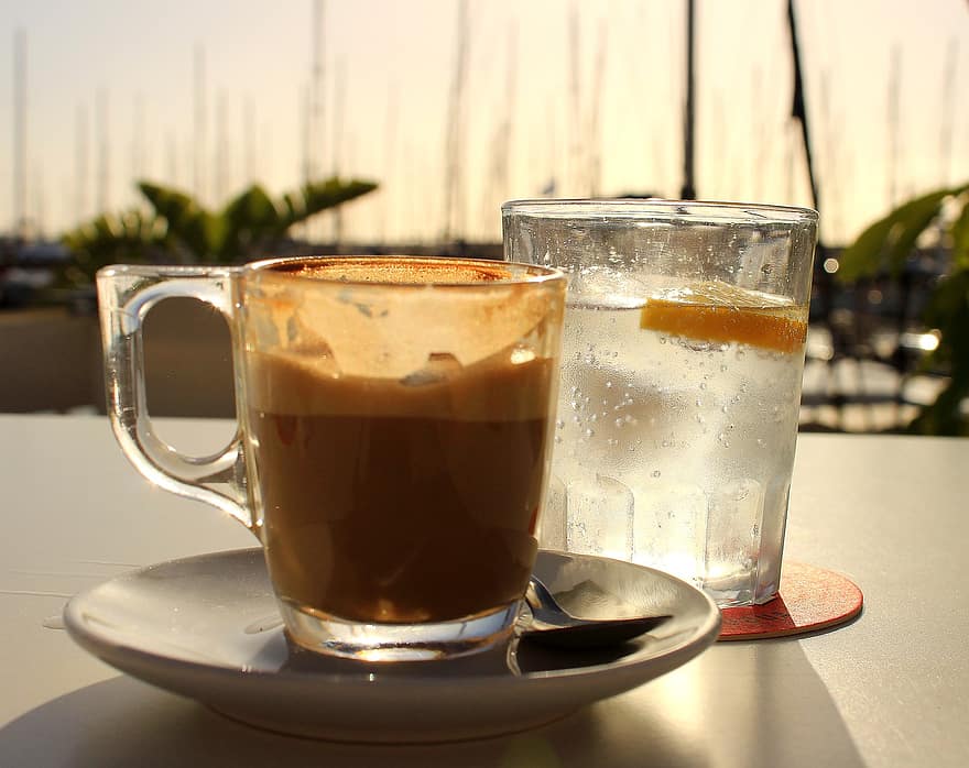 Espresso, Soda, napoje, Kawa, szkło, Puchar, drink, stół, zbliżenie, świeżość, ciepło