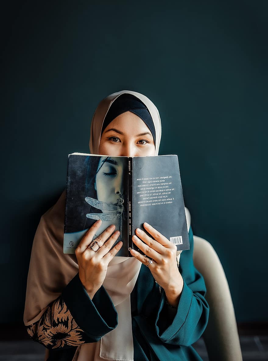 sieviete, grāmata, bibliotēka, hijab, portrets, acis, izglītību, gudrība, viens cilvēks, sievietēm, pieaugušais