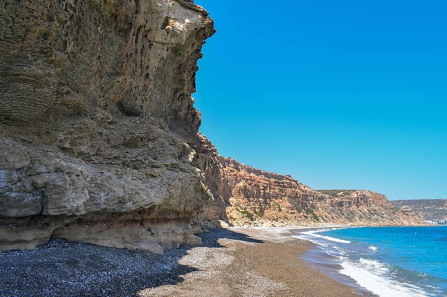 ビーチ、小石のビーチ、崖、海、海岸、岩、自然、メランダ、キプロス、波、海の波