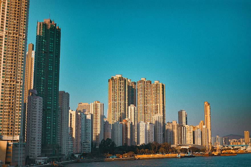 hongkong, napnyugta, épület