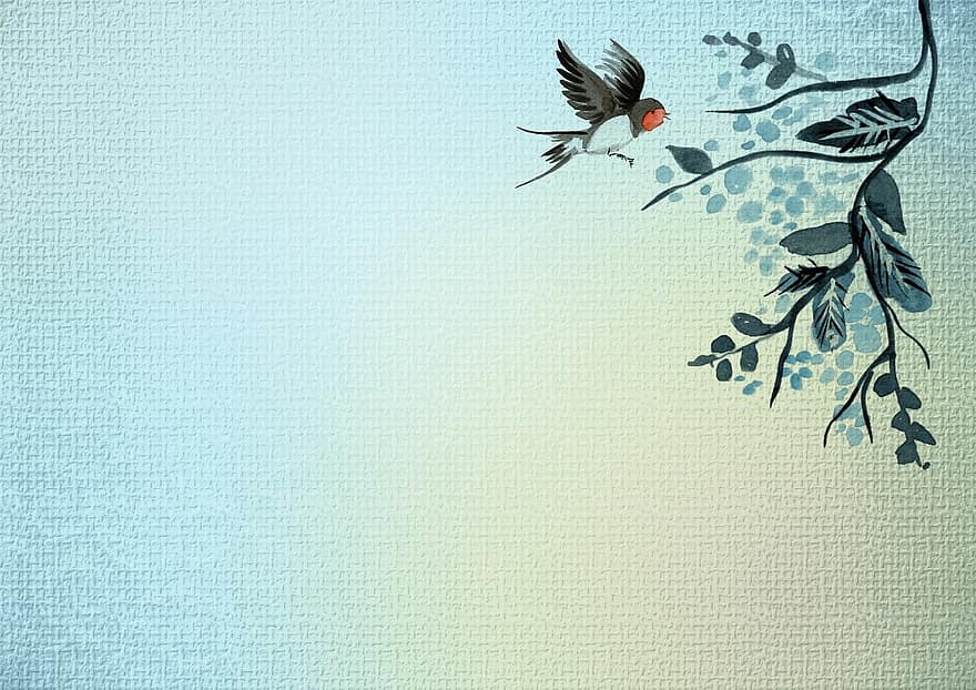 fondo, azul, acuarela, planta, pájaro, artístico, floración, flor, vistoso, linda, decoración