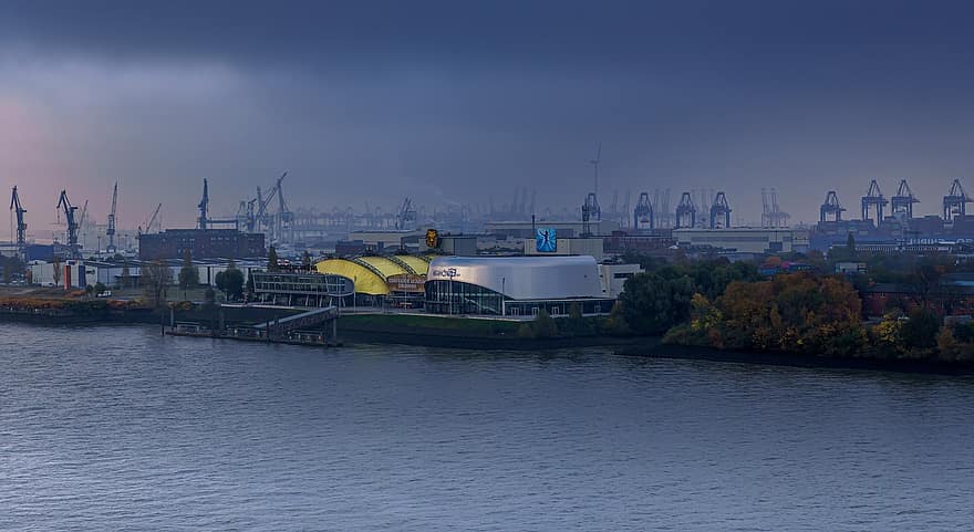 mlha, jeřáby, Labe, přístav, cestovat, Hamburg