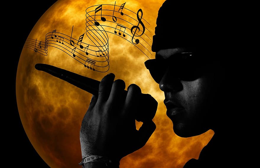 muzyk, piosenkarz, muzyka, artyści, mikrofon, zabawa, księżyc, światło księżyca, piosenka, śpiewanie, śpiewać