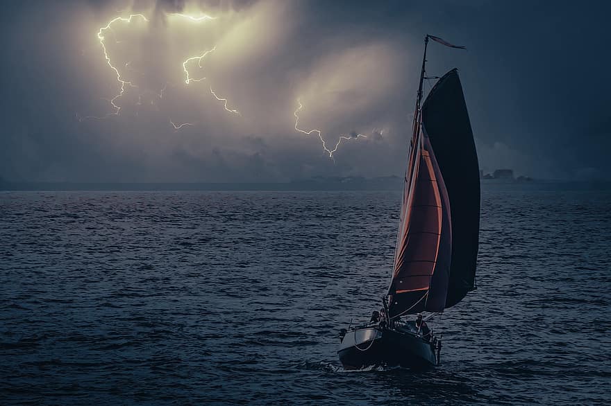 ヨット、雷雨、海、ライトニング、帆、船、嵐、ダーク、夜、地平線