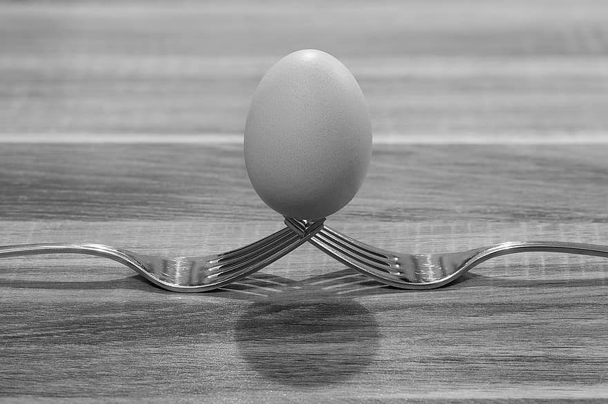 Vidlička, vejce, makro, foto umění, stálý život, dřevo, stůl, jídlo, detail, kov, jeden objekt