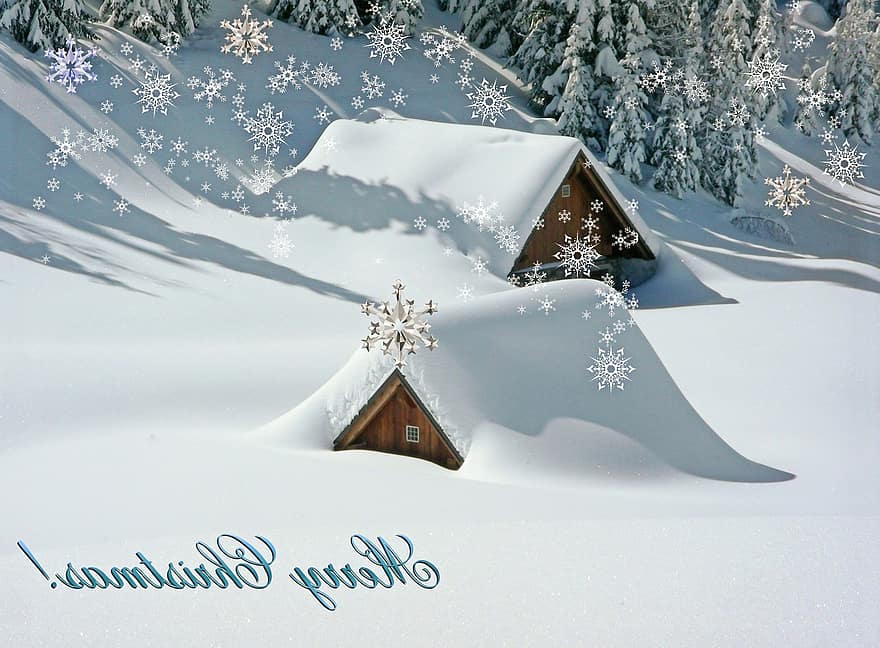 jul, Julekort, julehilsen, julemotiv, juletræ, lykønskningskort, kort, stjerne, vinterlige, snedækket, hytte