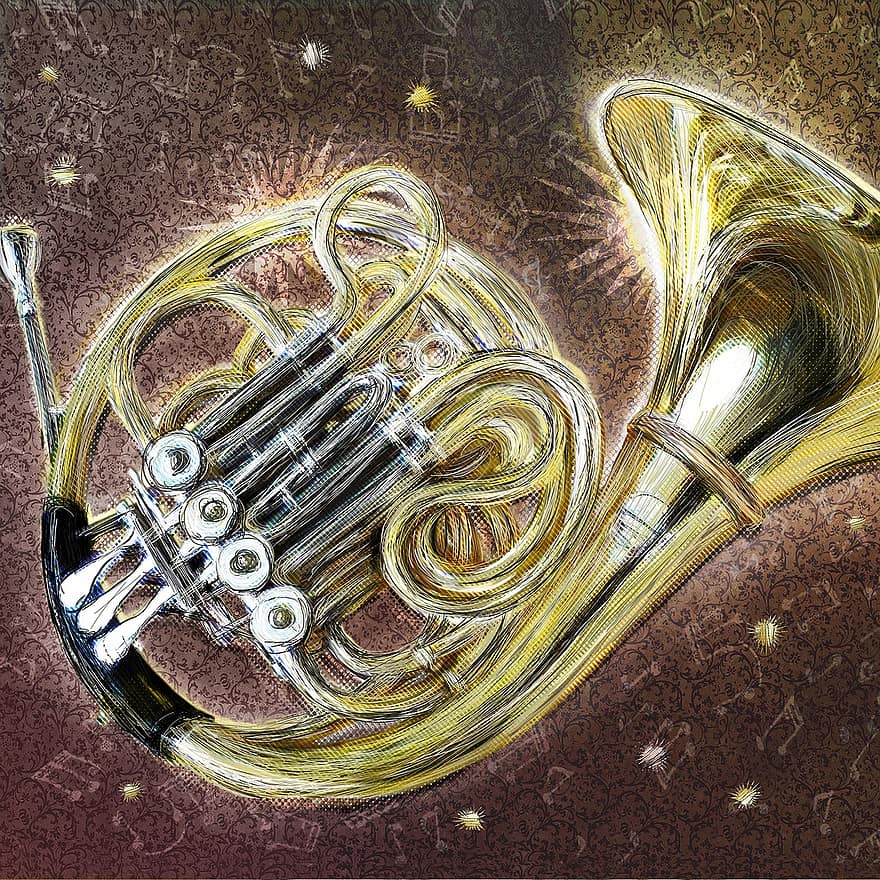 fransk horn, horn, musikinstrument, messing instrument, vindinstrument, musik, musiker, instrument, festlig