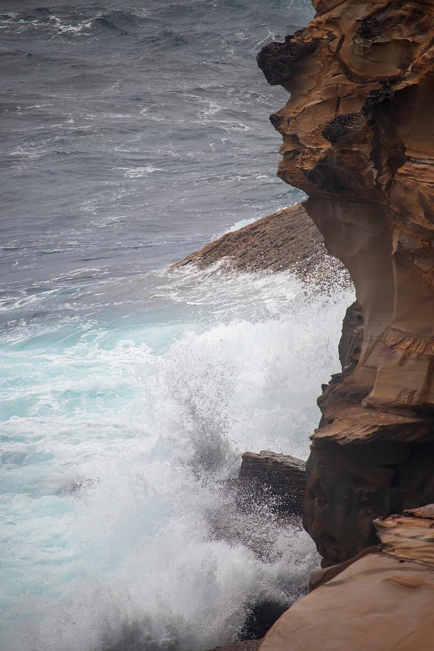 ola, Oceano, choque, rocas, erosión, rociar