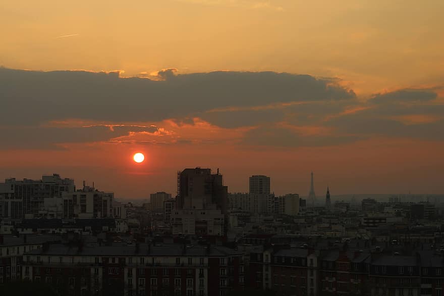 Paryż, zachód słońca, Miasto, Francja, krajobraz, zmierzch, pejzaż miejski, słońce, miejska linia horyzontu, wschód słońca, świt