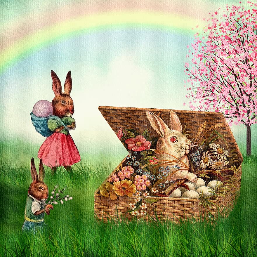 osterkarte, vendimia, conejo de Pascua, cesta, las flores, dulce, linda, prado, copia espacio, antiguo, Pascua de Resurrección