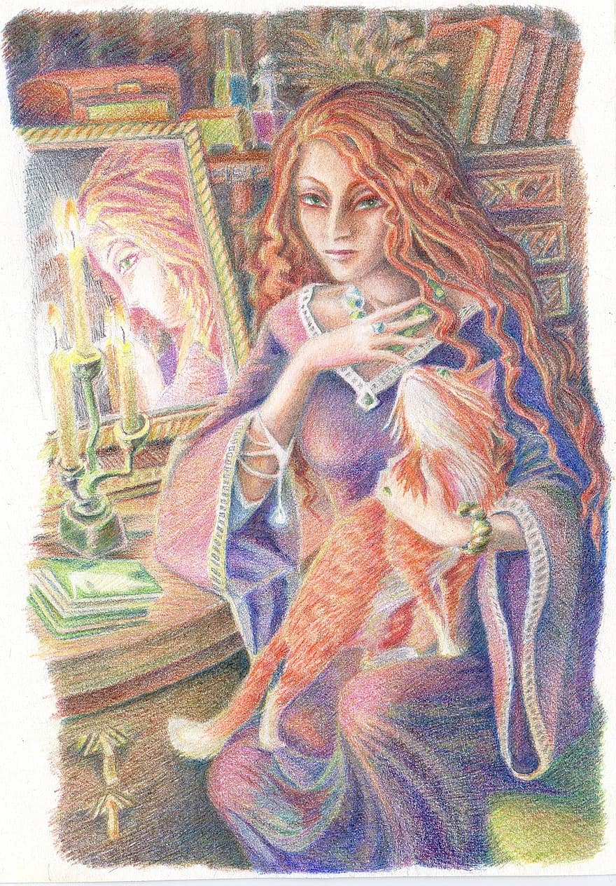 Graphics, Watercolor, Watercolor Pencils, Girl, Woman, Princess, Witch, Cat, Redhead, Mirror, Reflection