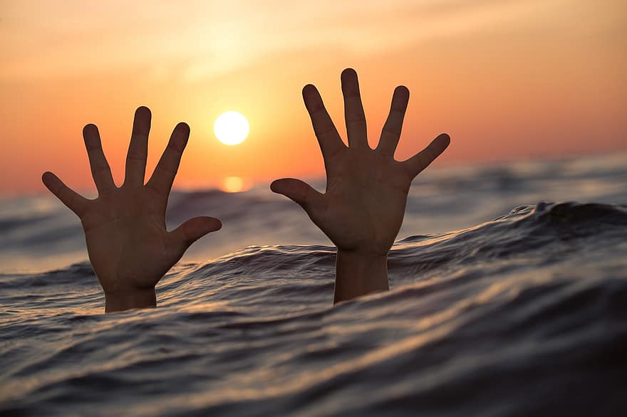 Drowning, Man, Sea, Hands, Drowning Man, Sunset, Ocean, Struggle, Survive, Death, Accident