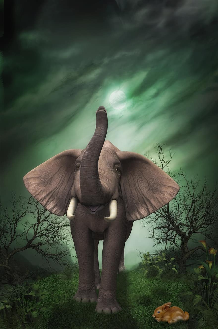olifant, haas, bomen, fantasie, digitale kunst