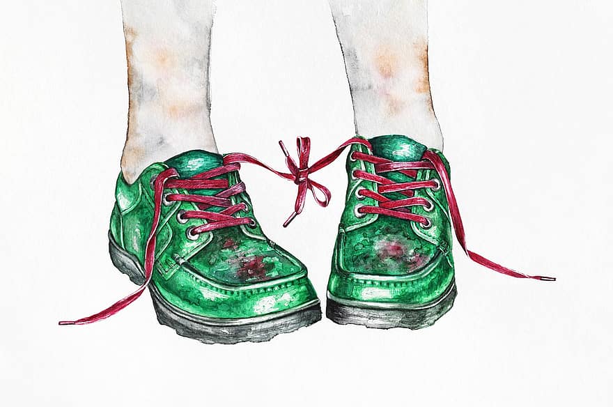 verde, Zapatos, Unido, con, rojo, cordones de los zapatos, cordones, cordón, shoestrings, instrumentos de cuerda, pies
