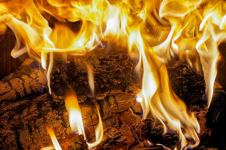 flamma, brand, öppen spis, trä, varm, värme