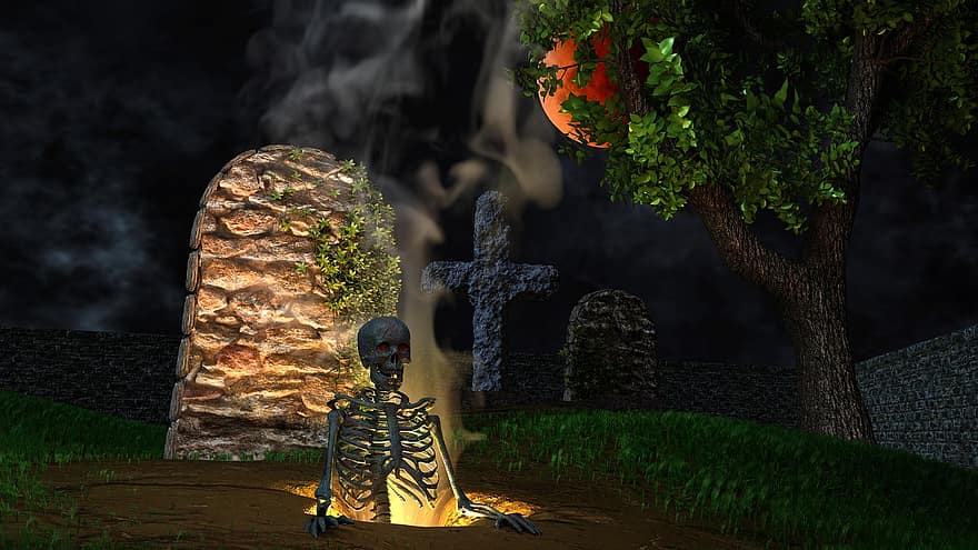 halloween, cmentarz, groby, szkielet, przerażający, krwawy księżyc, 3d