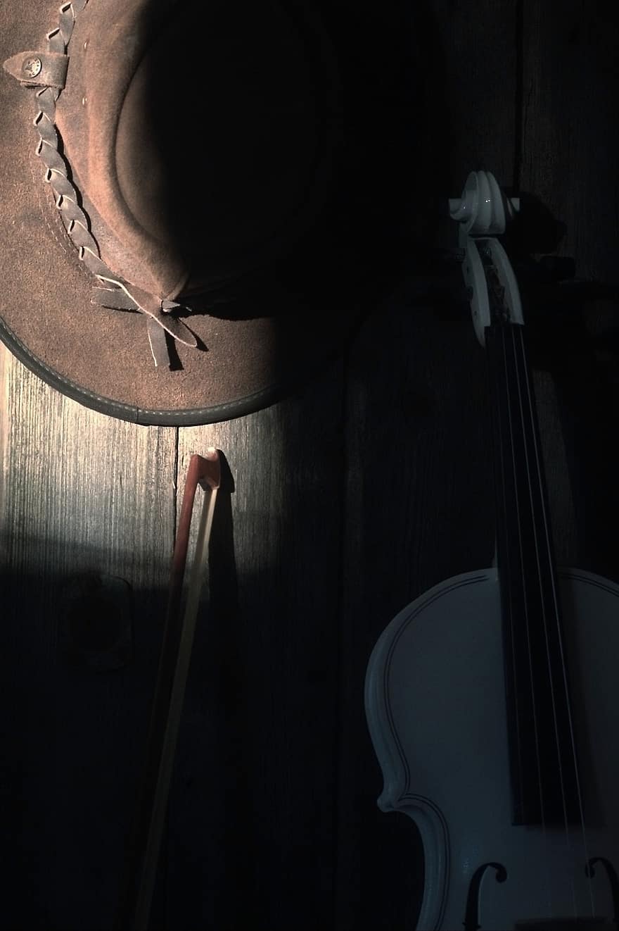 smuikas, skrybėlę, derliaus, kaubojus, instrumentas, muzika, Šalis, mediena, muzikinis instrumentas, Iš arti, įranga
