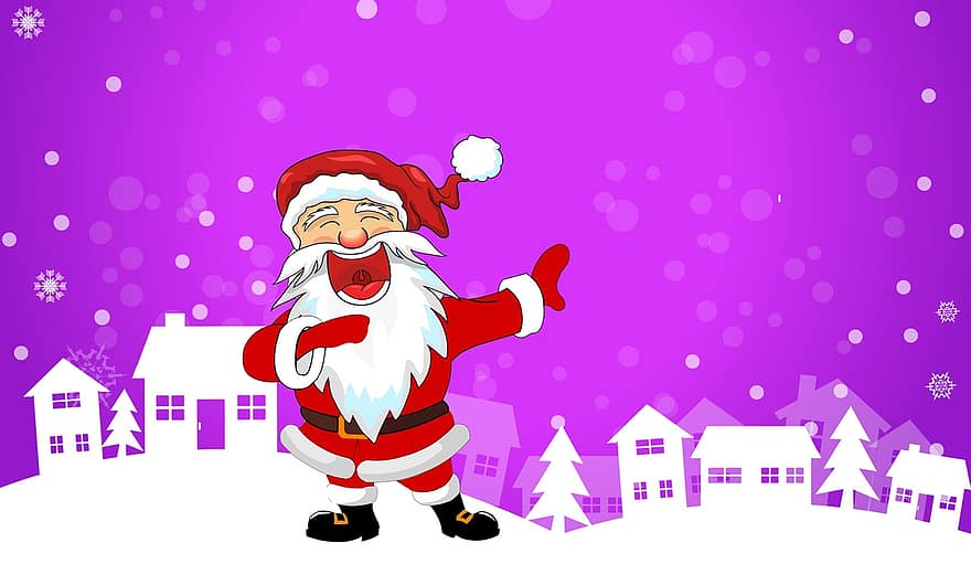 Weihnachtsmann, Weihnachten, Lachen, lustig, Winter, Landschaft, Häuser, Hintergrund, Postkarte, winterlich, Schnee