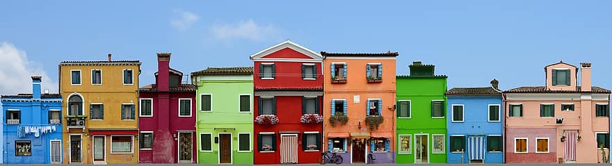 burano, Olaszország, Velence, színes, ház, burano sziget, csatorna, sétány, épülethomlokzat, vakáció, utazás