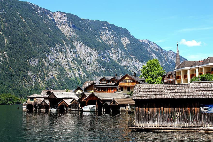 boathouses, езеро, езеро hallstättersee, Австрия, пейзаж, туризъм, Залцкамергут, планински пейзаж, Халщат