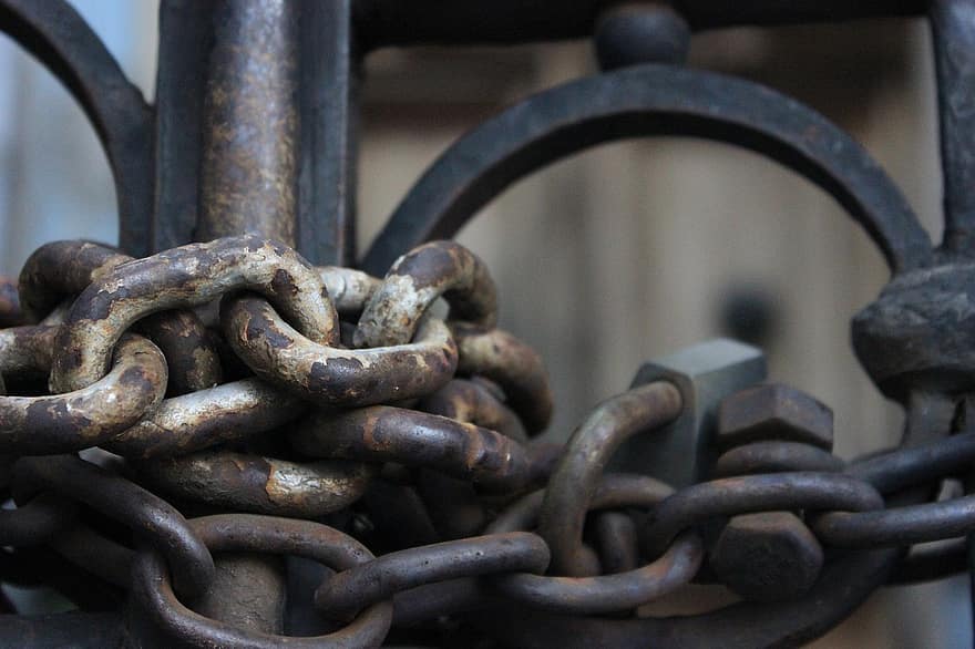 cadena, acero, planchar, metal, puerta, cerrado, bloquear, metálico, cerca, seguridad, proteccion