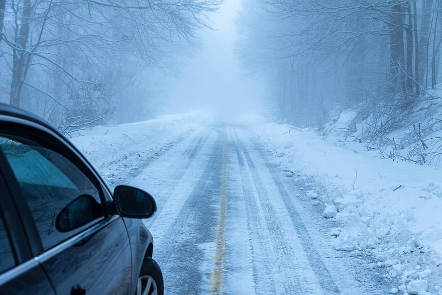 auto, ceļš, migla, kalns, sniegs, auksts, raksturs, laikapstākļi, Grieķija, mākoņi, ziemā