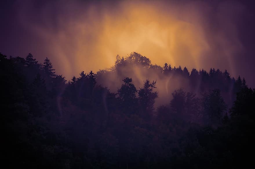 Sunset, Fog, Trees, Mountains, Forest, Landscape, Nature, Sunrise, Haze, Clouds, Twilight