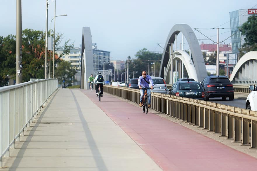 most, pruh pro jízdní kola, panoráma města, městský, jízdní kolo, cyklistika, městský život, muži, architektura, Rychlost, dospělý