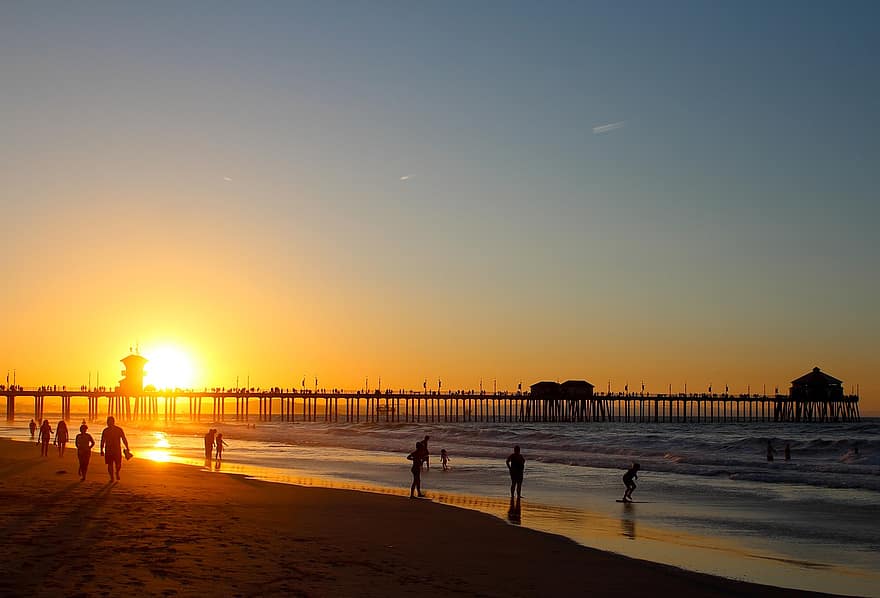 California, Pier, Sunset, Water, Sea, Beach, Ocean, Nature, Sky, People, Boardwalk