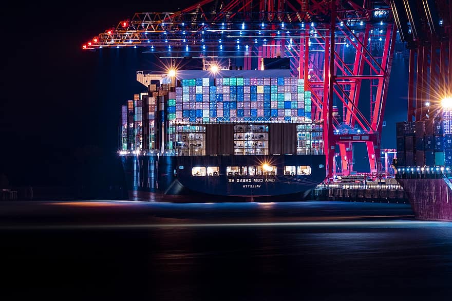 hamn, fartyg, behållare, containerfartyg, logistik, exportera, kran, natt, transport, kommersiella brygga, upplyst