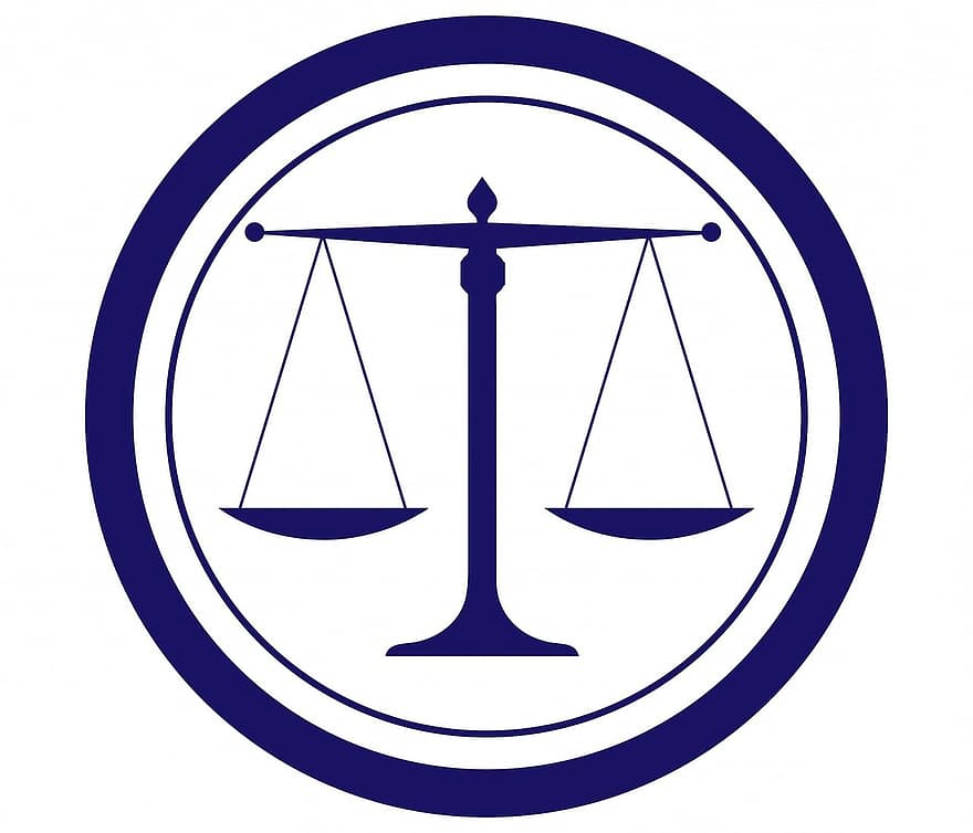 Scales, Justice, Scales Justice, Logo, Badge, Emblem, Sticker, Blue, Circle, Art, Law