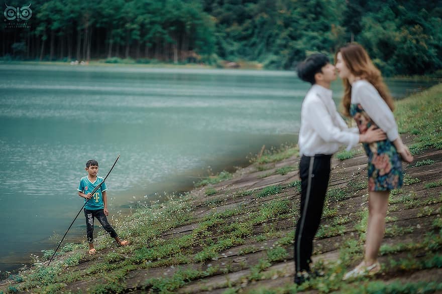 Boy, Kid, Couple, Watch, Romance, Kiss, Park, Funny, Child, Outdoors, River