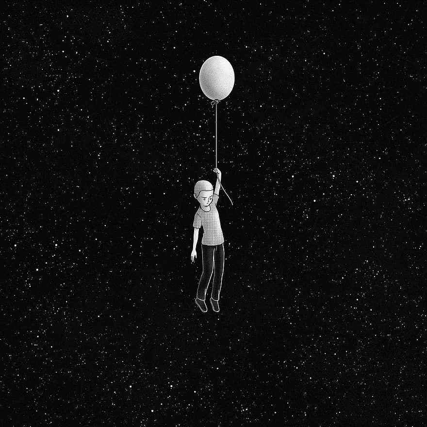 Caricature, Painting, Fantasy, Creativity, Black And White, Illustrator, Balloon, Flying, Floating