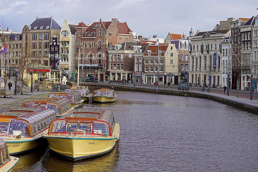 Амстердам, канал, град, лодки, порт, воден път, сгради, градски, спокойствие, природа, панорамен