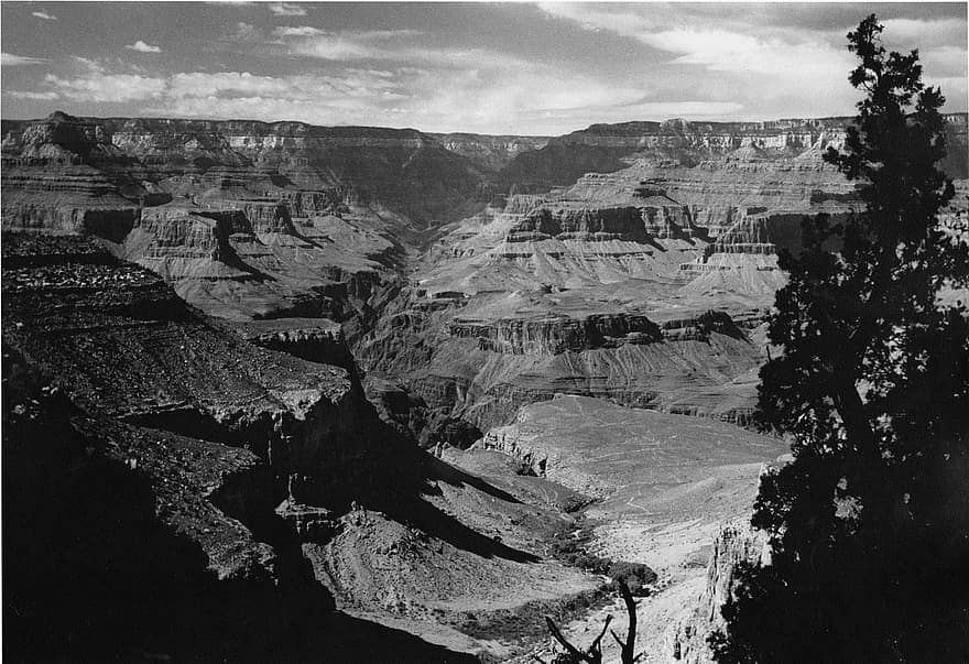 Grand Canyon, Grand Canyon National Park, arizona, svartvitt, amerikanska sydväst, landskap, klippa, berg, sten, resa, extrem terräng