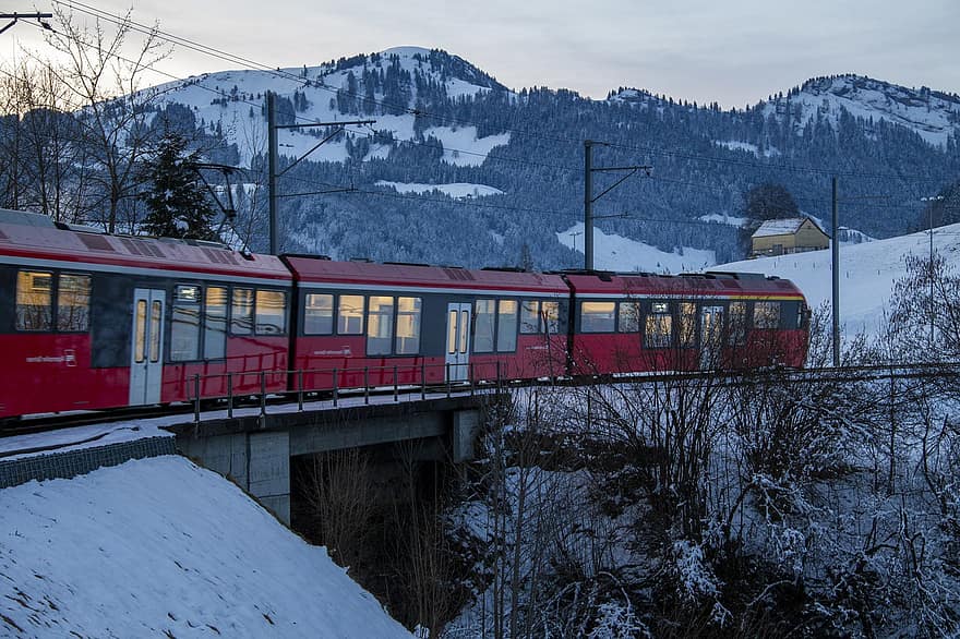 列車、冬、旅行、シーズン、冒険、屋外、交通手段、アッペンツェル、山岳、雪、山